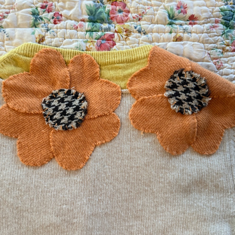 Flower Fields Cream Cardigan Sweater with Orange Floral Appliqué - Large - Picture 5 of 7